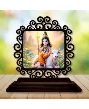 Car Desk/Table Top Lord Shiva Wooden Photo Stand  3x4 Inches, Compact & Stylish Spiritual Display For Car, Home & Office (Pack Of 1) (F19993)