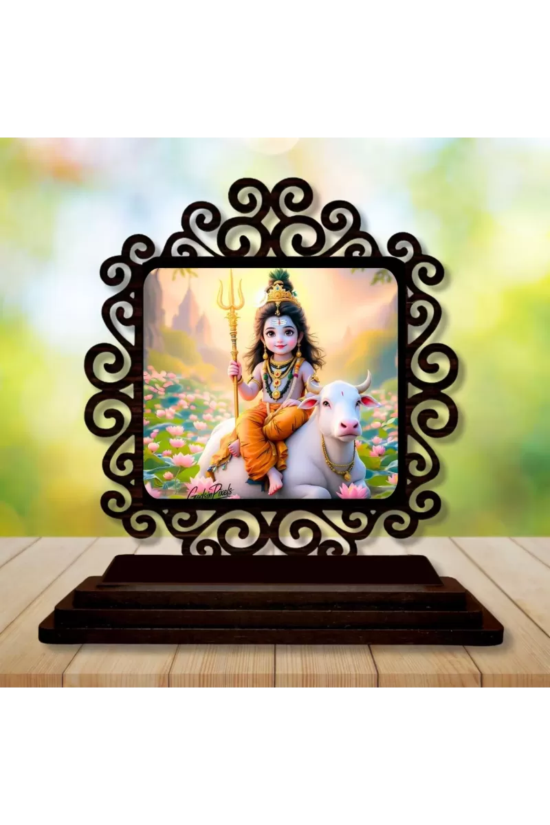 Car Desk/Table Top Lord Shiva Wooden Photo Stand  3x4 Inches, Compact & Stylish Spiritual Display For Car, Home & Office (Pack Of 1) (F19993)