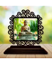 Car Desk/Table Top Lord Buddha Wooden Photo Stand  3x4 Inches, Compact & Stylish Spiritual Display For Car, Home & Office (Pack Of 1) (F19994)
