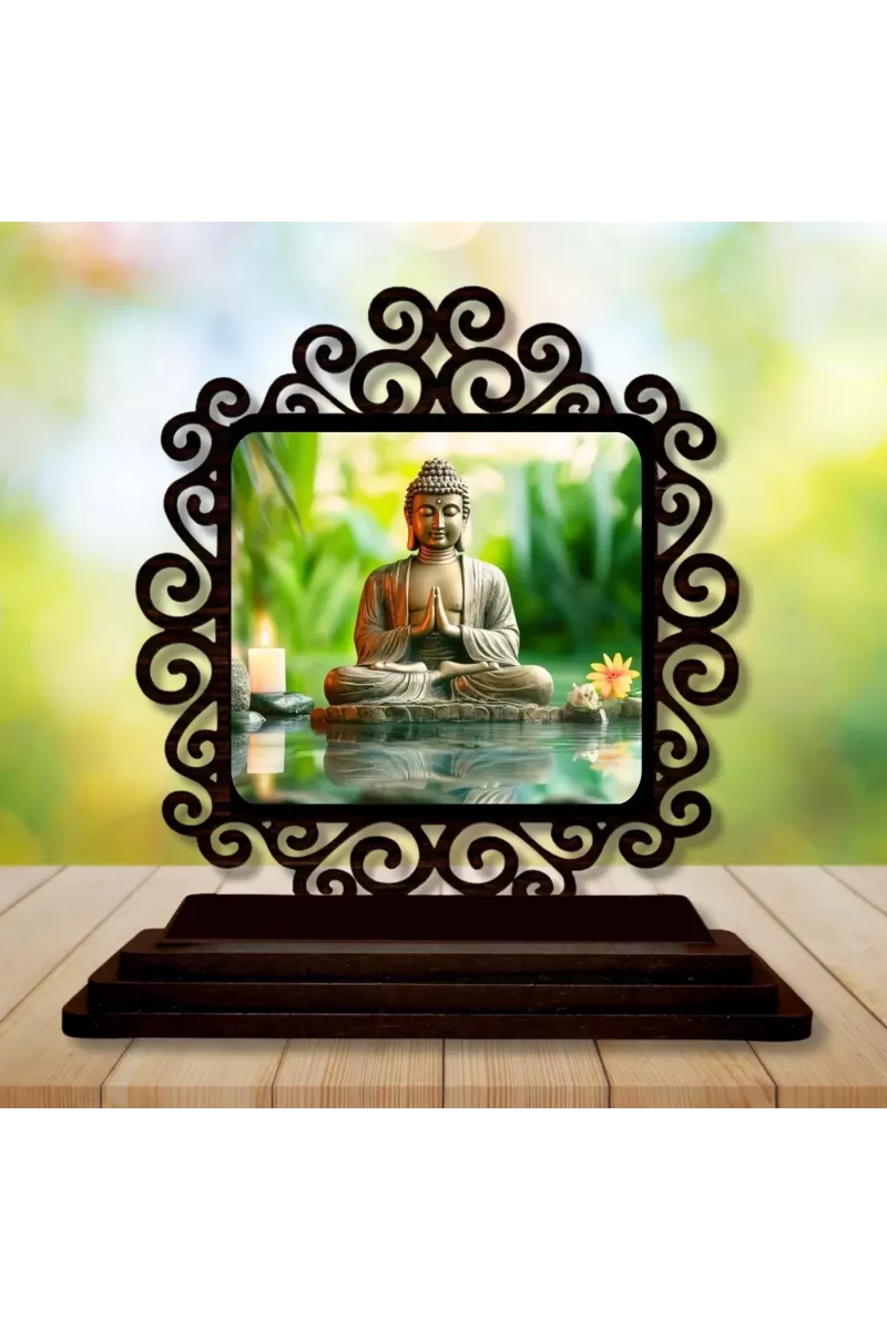Car Desk/Table Top Lord Buddha Wooden Photo Stand  3x4 Inches, Compact & Stylish Spiritual Display For Car, Home & Office (Pack Of 1) (F19994)