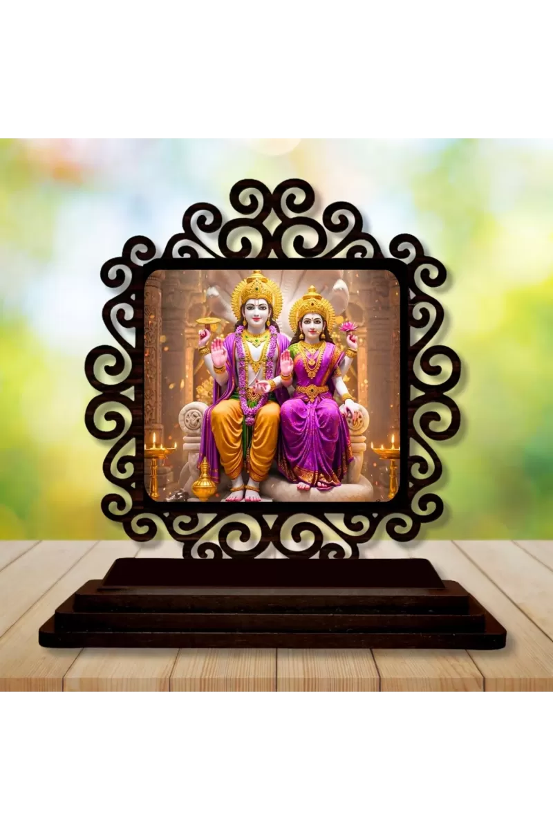 Car Desk/Table Top Lord Vishnu And Lakshmi Wooden Photo Stand  3x4 Inches, Compact & Stylish Spiritual Display For Car, Home & Office (Pack Of 1) (F19997)