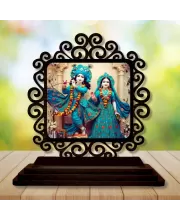 Car Desk/Table Top Radha Krishna Wooden Photo Stand  3x4 Inches, Compact & Stylish Spiritual Display For Car, Home & Office (Pack Of 1) (F19998)