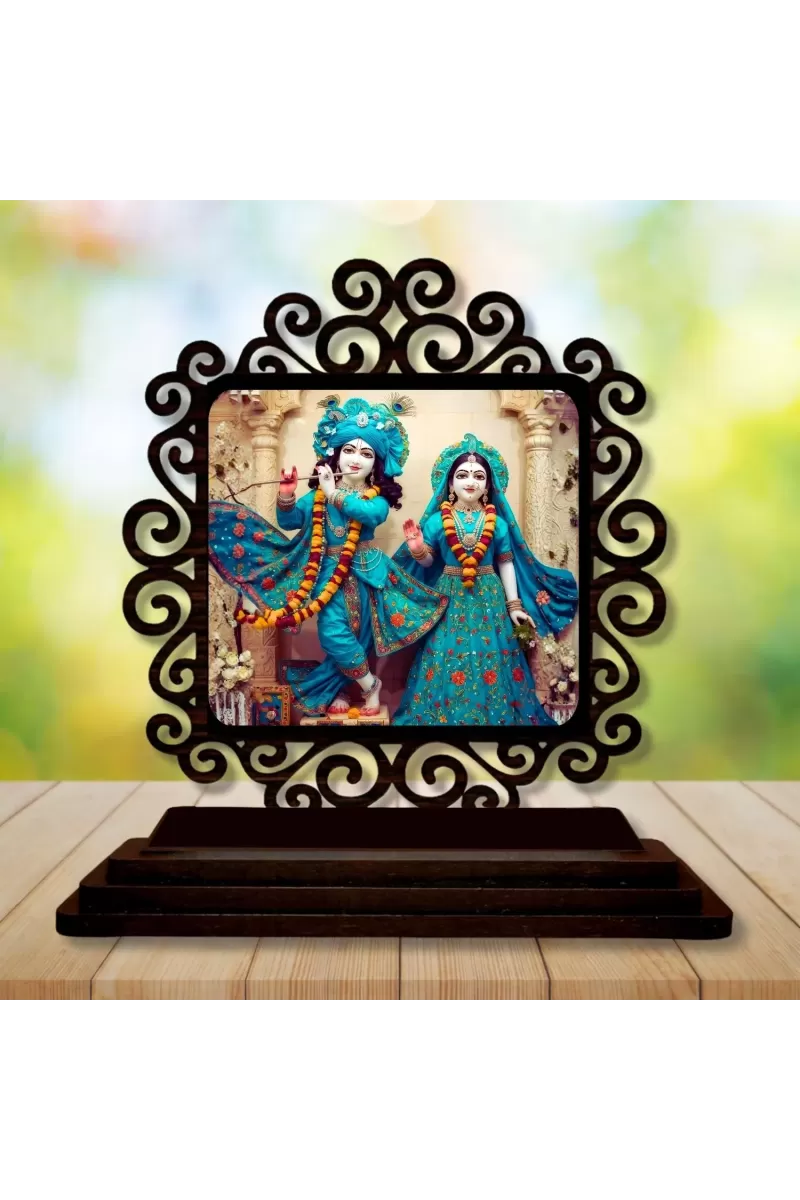 Car Desk/Table Top Radha Krishna Wooden Photo Stand  3x4 Inches, Compact & Stylish Spiritual Display For Car, Home & Office (Pack Of 1) (F19998)