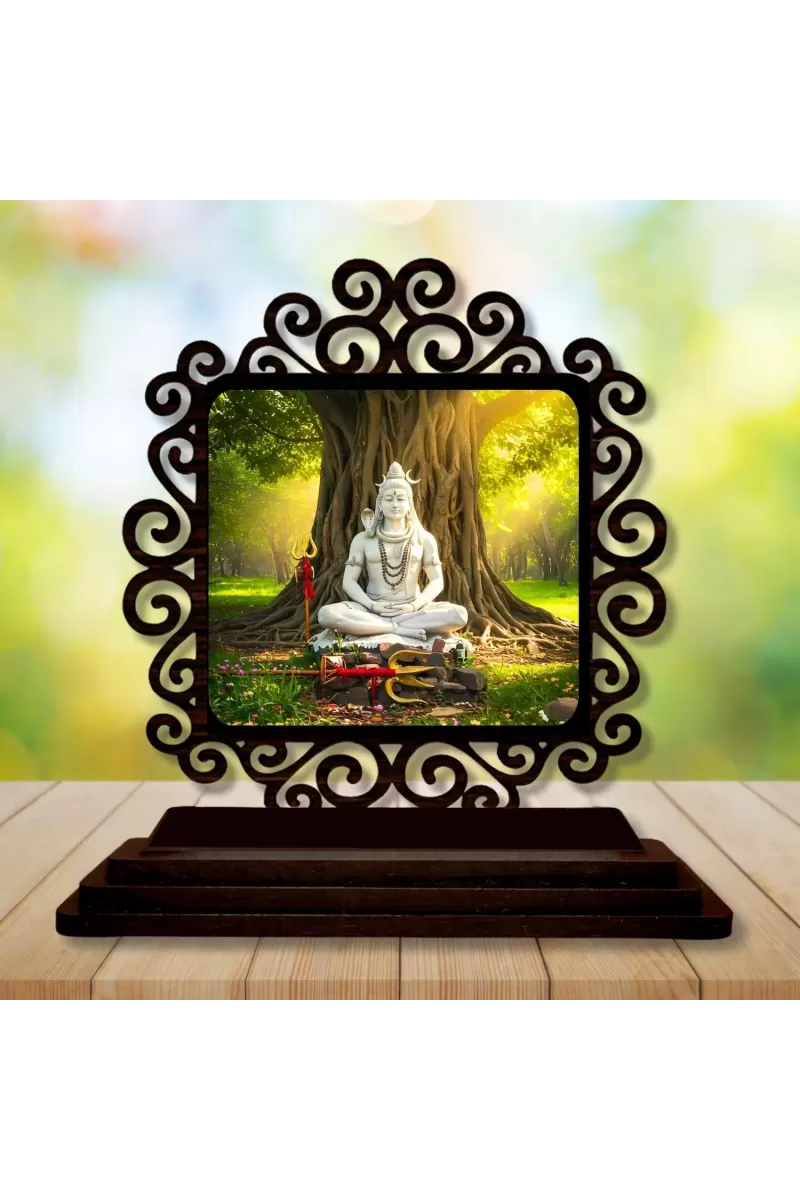 Car Desk/Table Top Lord Shiva Wooden Photo Stand  3x4 Inches, Compact & Stylish Spiritual Display For Car, Home & Office (Pack Of 1) (F19999)