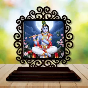 Car Desk/Table Top Lord Krishna Wooden Photo Stand  3x4 Inches, Compact & Stylish Spiritual Display For Car, Home & Office (Pack Of 1) (F20001)