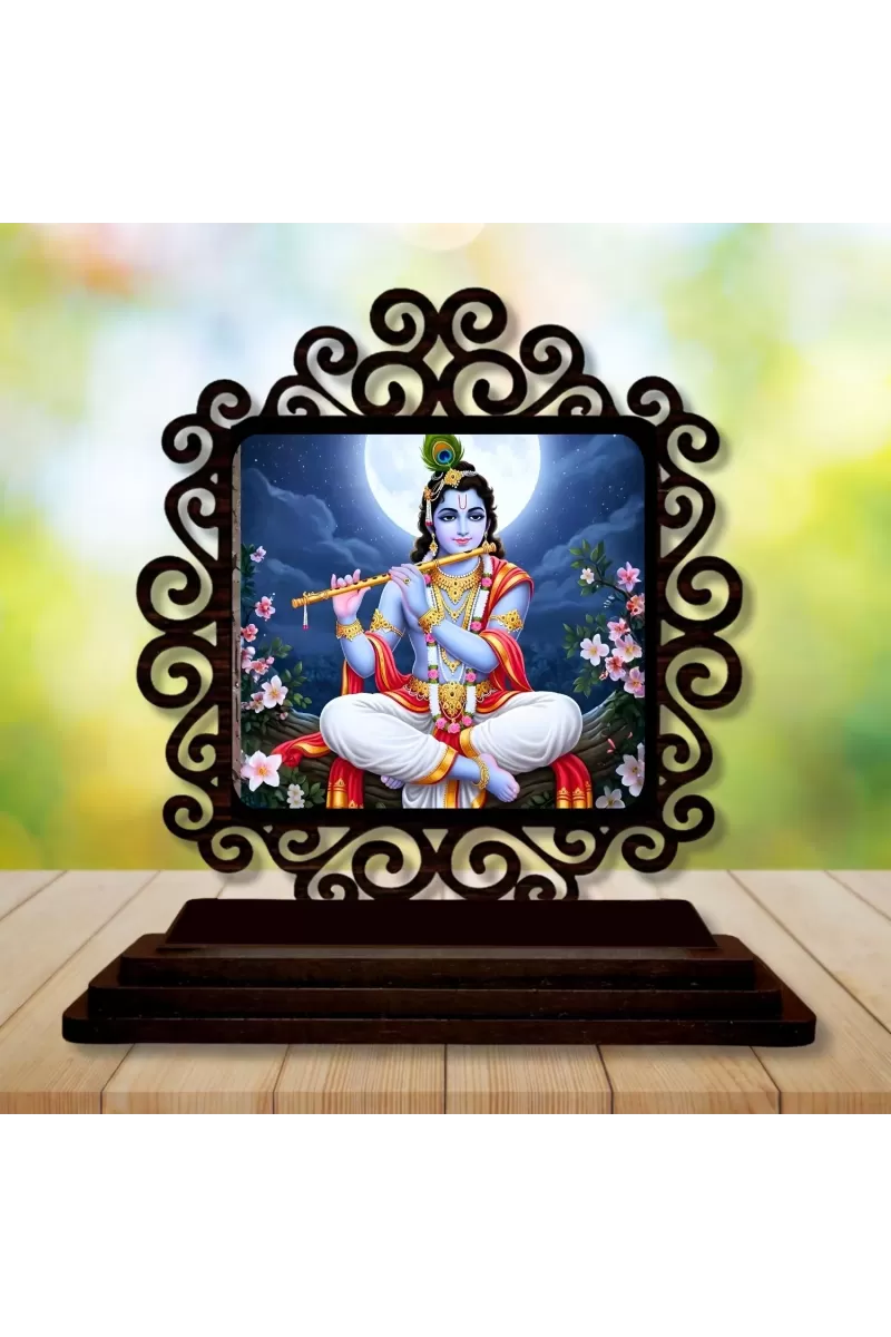 Car Desk/Table Top Lord Krishna Wooden Photo Stand  3x4 Inches, Compact & Stylish Spiritual Display For Car, Home & Office (Pack Of 1) (F20001)