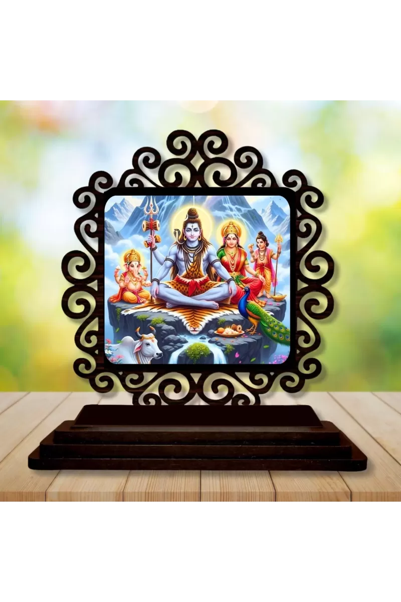 Car Desk/Table Top Lord Shiva And Parvathi Wooden Photo Stand  3x4 Inches, Compact & Stylish Spiritual Display For Car, Home & Office (Pack Of 1) (F20003)