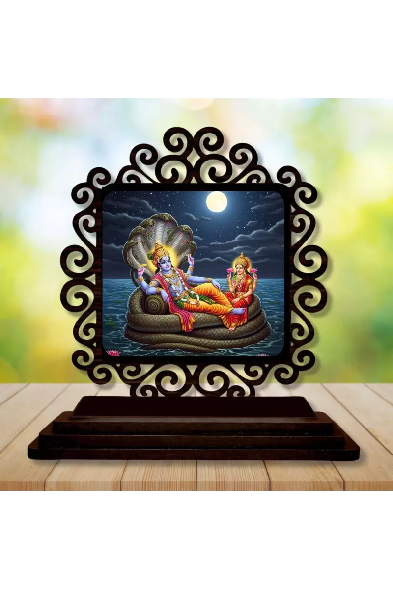 Car Desk/Table Top Lord Vishnu And Lakshmi Wooden Photo Stand  3x4 Inches, Compact & Stylish Spiritual Display For Car, Home & Office (Pack Of 1) (F20005)