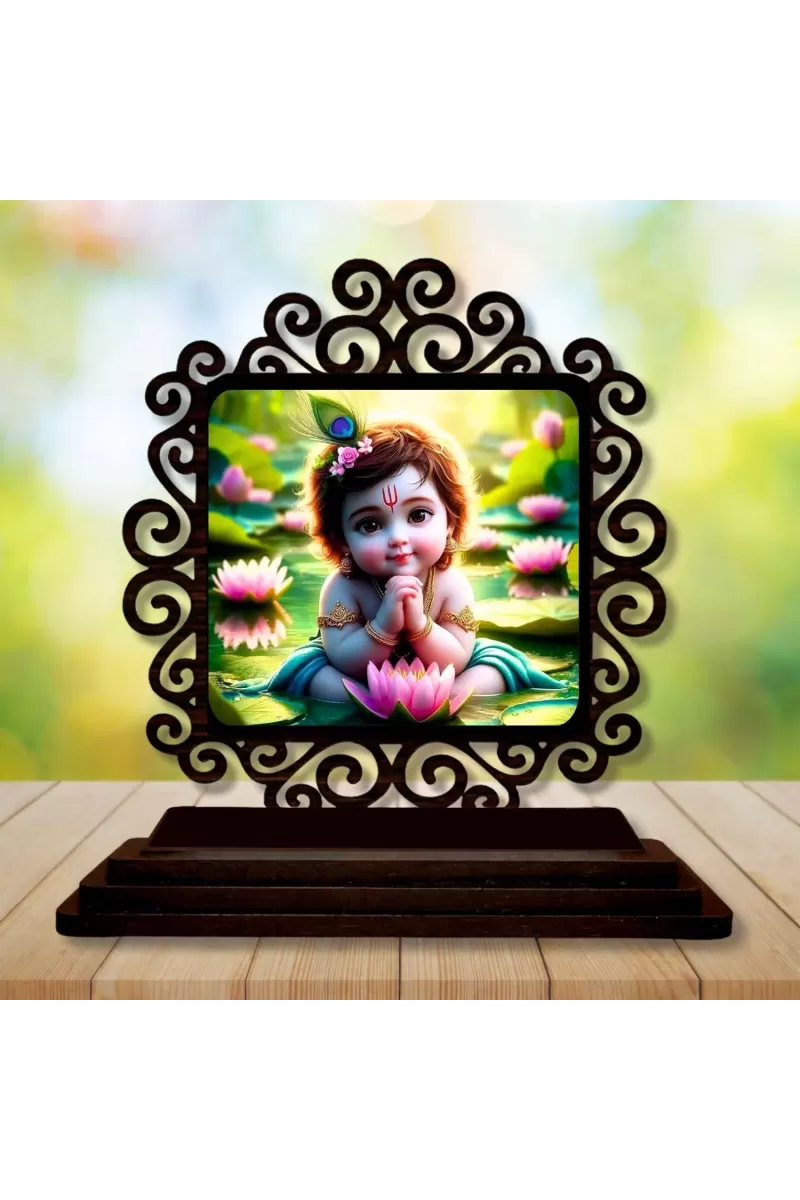 Car Desk/Table Top Lord Krishna Wooden Photo Stand  3x4 Inches, Compact & Stylish Spiritual Display For Car, Home & Office (Pack Of 1) (F20007)