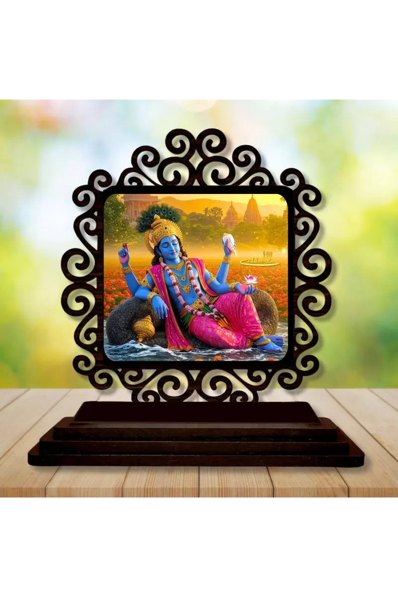 Car Desk/Table Top Lord Vishnu Wooden Photo Stand  3x4 Inches, Compact & Stylish Spiritual Display For Car, Home & Office (Pack Of 1) (F20008)