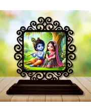 Car Desk/Table Top Radha Krishna Wooden Photo Stand  3x4 Inches, Compact & Stylish Spiritual Display For Car, Home & Office (Pack Of 1) (F20009)