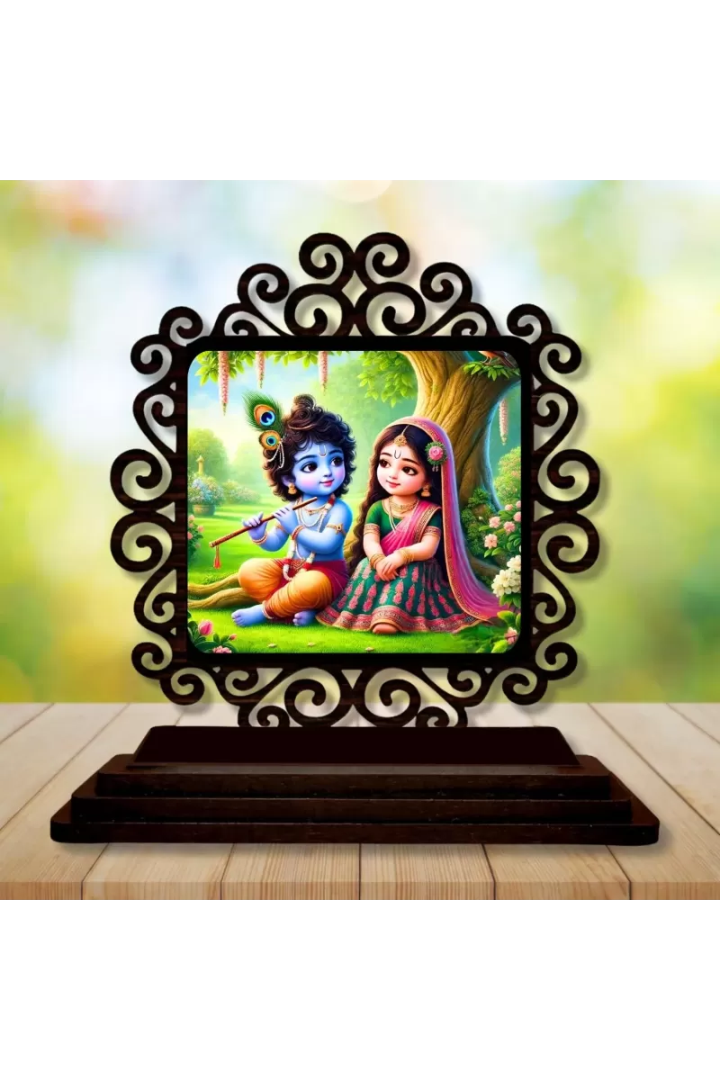 Car Desk/Table Top Radha Krishna Wooden Photo Stand  3x4 Inches, Compact & Stylish Spiritual Display For Car, Home & Office (Pack Of 1) (F20009)