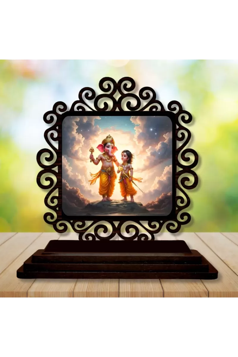 Car Desk/Table Top Lord Ganesha And Karthikeya Wooden Photo Stand  3x4 Inches, Compact & Stylish Spiritual Display For Car, Home & Office (Pack Of 1) (F20010)