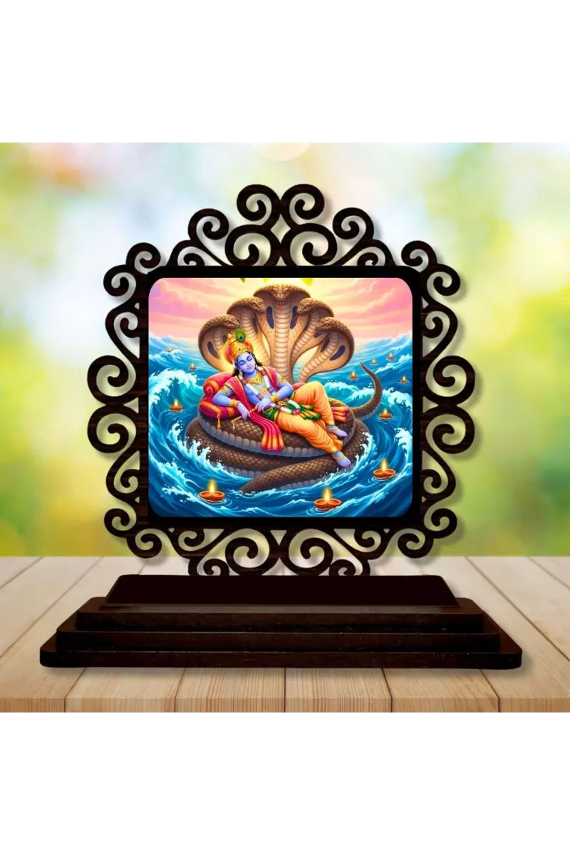 Car Desk/Table Top Lord Vishnu Wooden Photo Stand  3x4 Inches, Compact & Stylish Spiritual Display For Car, Home & Office (Pack Of 1) (F20011)