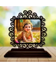 Car Desk/Table Top Little Krishna Wooden Photo Stand  3x4 Inches, Compact & Stylish Spiritual Display For Car, Home & Office (Pack Of 1) (F20012)