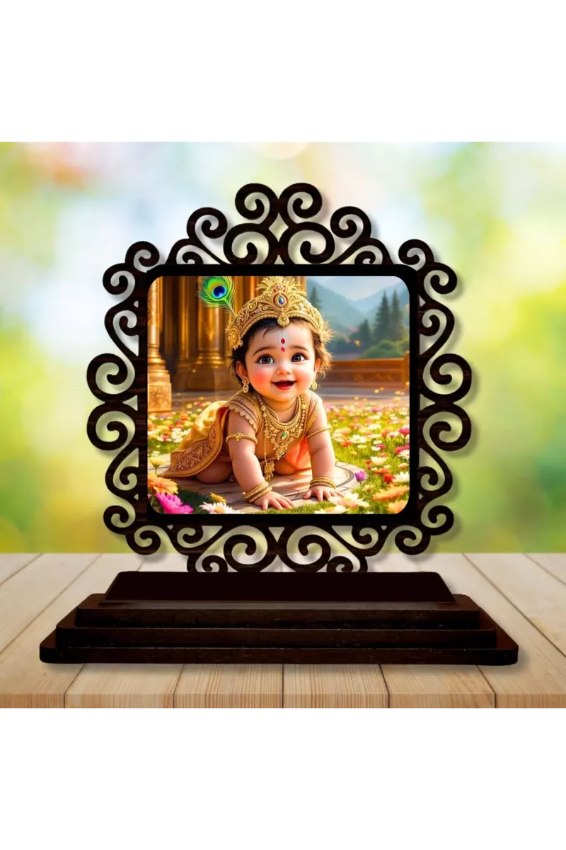 Car Desk/Table Top Little Krishna Wooden Photo Stand  3x4 Inches, Compact & Stylish Spiritual Display For Car, Home & Office (Pack Of 1) (F20012)