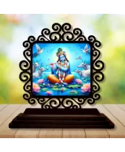 Car Desk/Table Top Lord Krishna Wooden Photo Stand  3x4 Inches, Compact & Stylish Spiritual Display For Car, Home & Office (Pack Of 1) (F20014)