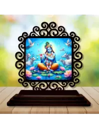 Car Desk/Table Top Lord Krishna Wooden Photo Stand  3x4 Inches, Compact & Stylish Spiritual Display For Car, Home & Office (Pack Of 1) (F20014)