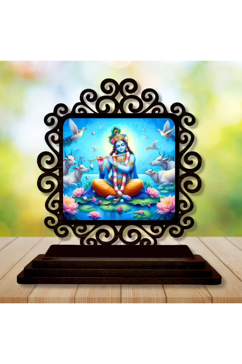 Car Desk/Table Top Lord Krishna Wooden Photo Stand  3x4 Inches, Compact & Stylish Spiritual Display For Car, Home & Office (Pack Of 1) (F20014)