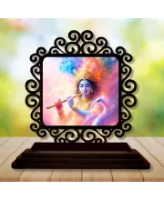 Car Desk/Table Top Lord Krishna Wooden Photo Stand  3x4 Inches, Compact & Stylish Spiritual Display For Car, Home & Office (Pack Of 1) (F20016)