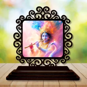 Car Desk/Table Top Lord Krishna Wooden Photo Stand  3x4 Inches, Compact & Stylish Spiritual Display For Car, Home & Office (Pack Of 1) (F20016)