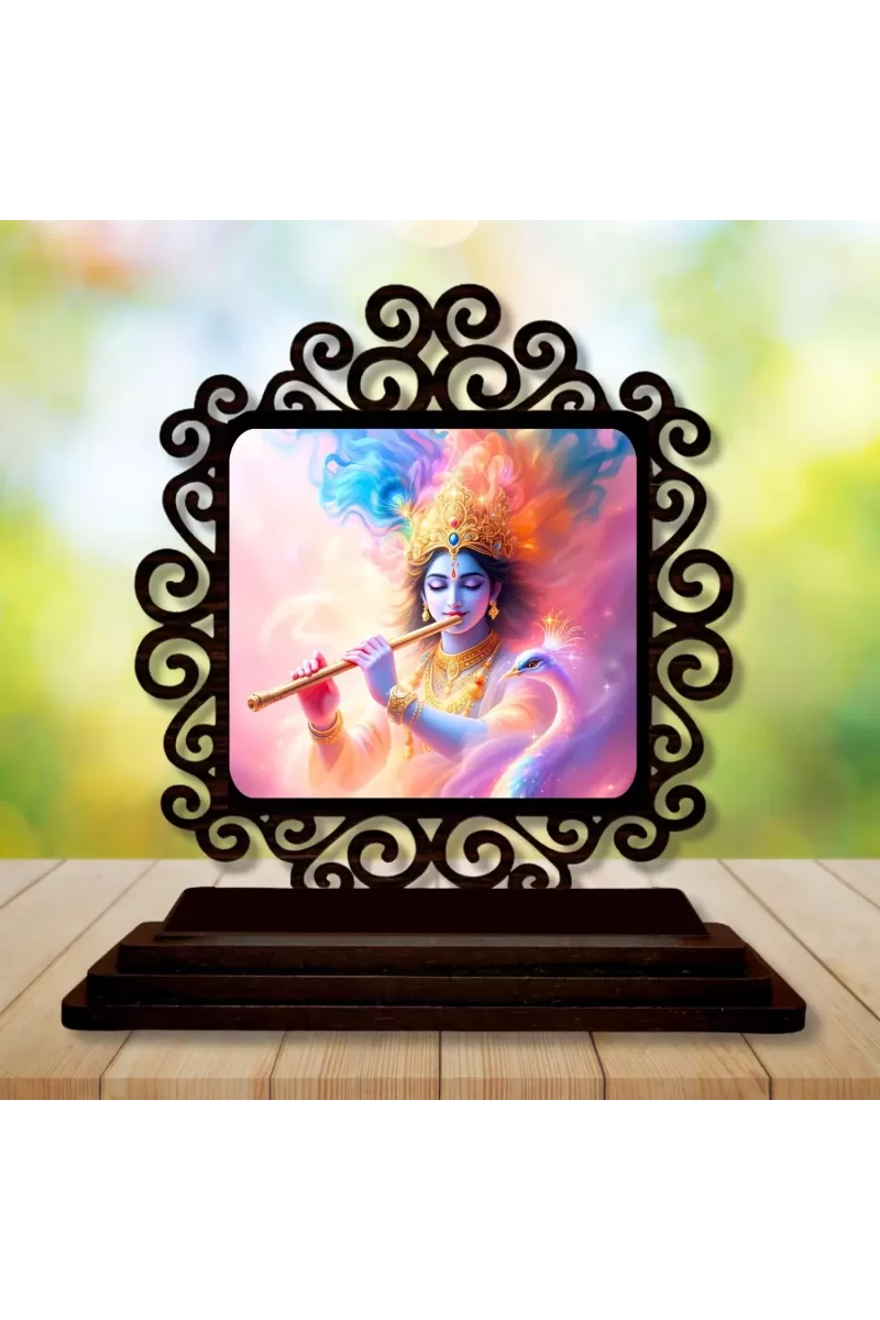 Car Desk/Table Top Lord Krishna Wooden Photo Stand  3x4 Inches, Compact & Stylish Spiritual Display For Car, Home & Office (Pack Of 1) (F20016)
