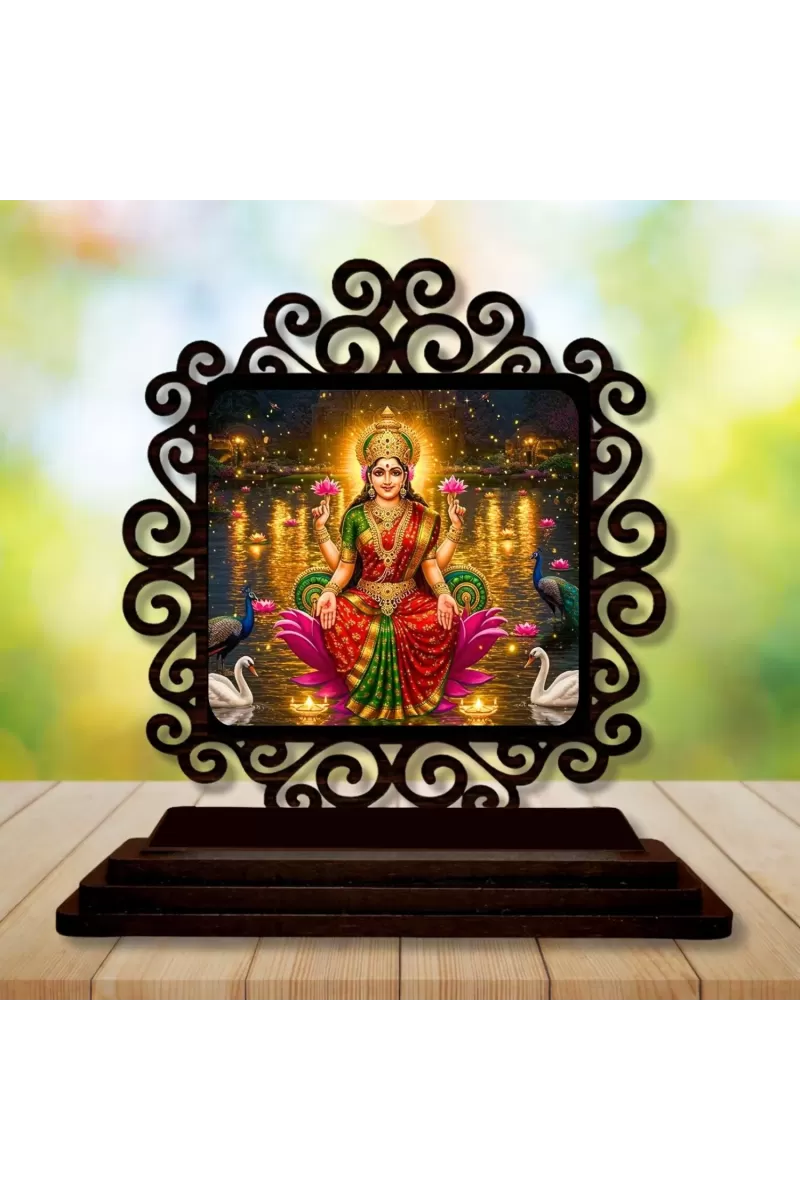 Car Desk/Table Top Goddess Lakshmi Wooden Photo Stand  3x4 Inches, Compact & Stylish Spiritual Display For Car, Home & Office (Pack Of 1) (F20017)