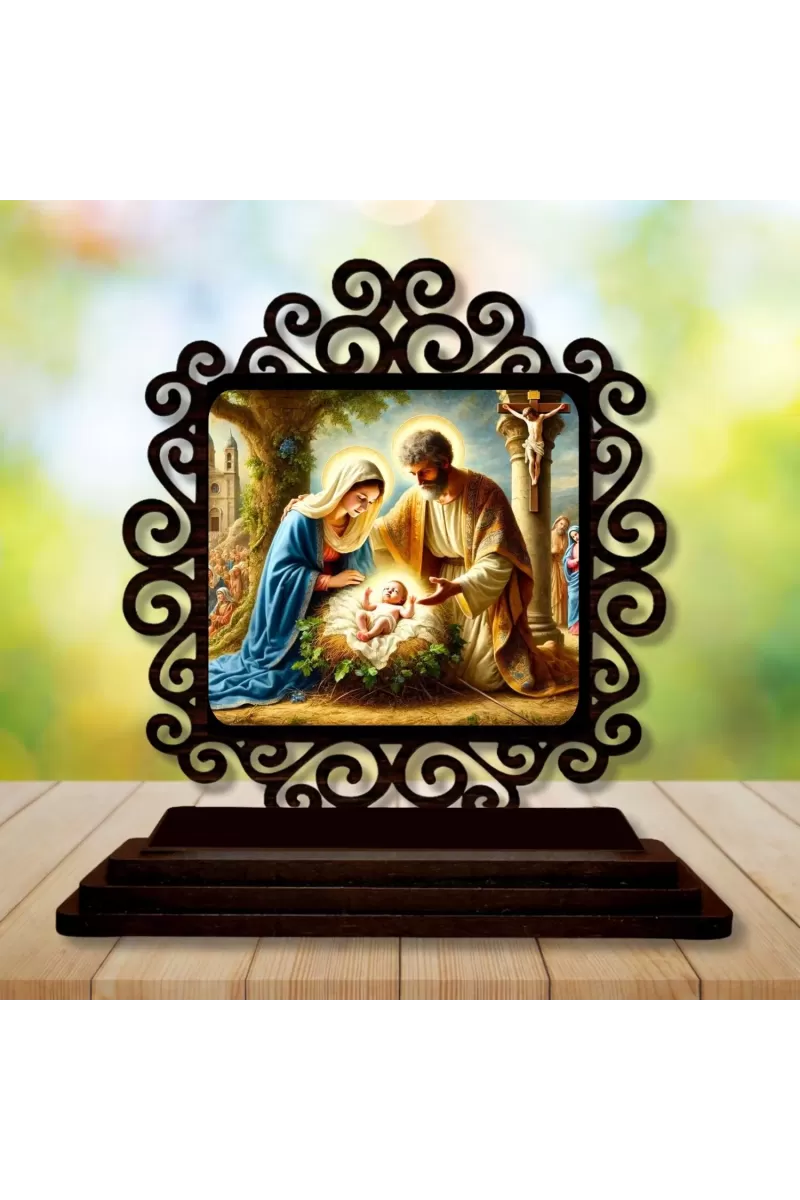 Car Desk/Table Top Jesus And Merry  Wooden Photo Stand  3x4 Inches, Compact & Stylish Spiritual Display For Car, Home & Office (Pack Of 1) (F20021)