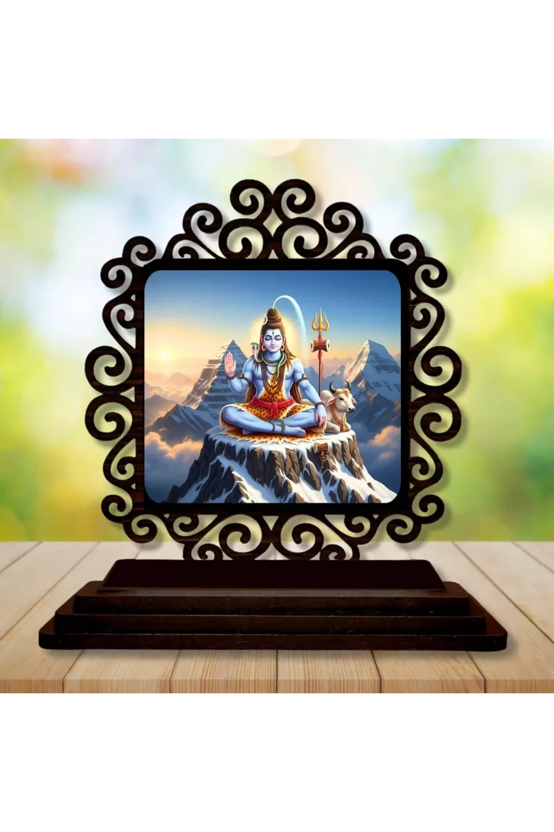 Car Desk/Table Top Lord Shiva Wooden Photo Stand  3x4 Inches, Compact & Stylish Spiritual Display For Car, Home & Office (Pack Of 1) (F20023)