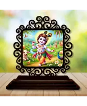Car Desk/Table Top Lord Krishna Wooden Photo Stand  3x4 Inches, Compact & Stylish Spiritual Display For Car, Home & Office (Pack Of 1) (F20024)