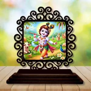 Car Desk/Table Top Lord Krishna Wooden Photo Stand  3x4 Inches, Compact & Stylish Spiritual Display For Car, Home & Office (Pack Of 1) (F20024)