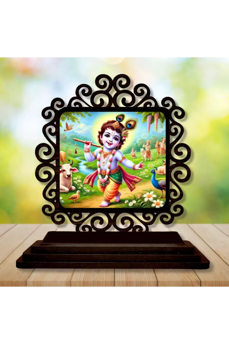 Car Desk/Table Top Lord Krishna Wooden Photo Stand  3x4 Inches, Compact & Stylish Spiritual Display For Car, Home & Office (Pack Of 1) (F20024)