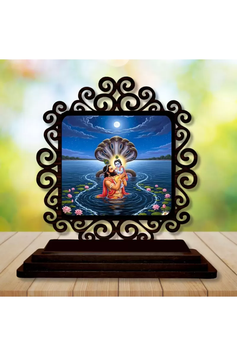 Car Desk/Table Top Lord Krishna Wooden Photo Stand  3x4 Inches, Compact & Stylish Spiritual Display For Car, Home & Office (Pack Of 1) (F20026)
