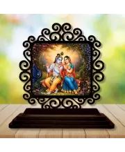 Car Desk/Table Top Radha Krishna Wooden Photo Stand  3x4 Inches, Compact & Stylish Spiritual Display For Car, Home & Office (Pack Of 1) (F20028)