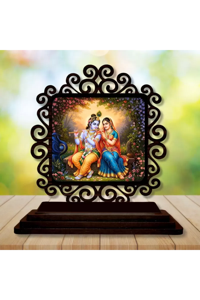 Car Desk/Table Top Radha Krishna Wooden Photo Stand  3x4 Inches, Compact & Stylish Spiritual Display For Car, Home & Office (Pack Of 1) (F20028)