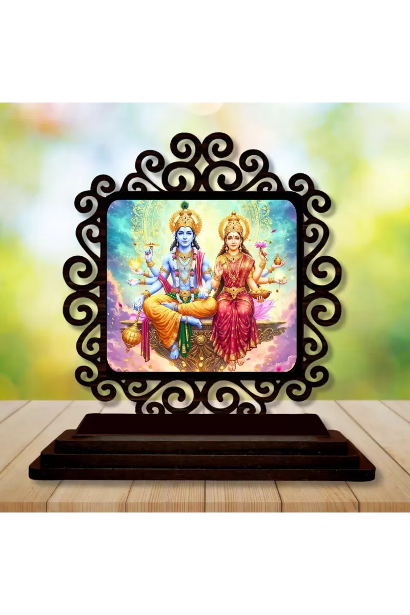 Car Desk/Table Top Lord Vishnu And Lakshmi Wooden Photo Stand  3x4 Inches, Compact & Stylish Spiritual Display For Car, Home & Office (Pack Of 1) (F20029)