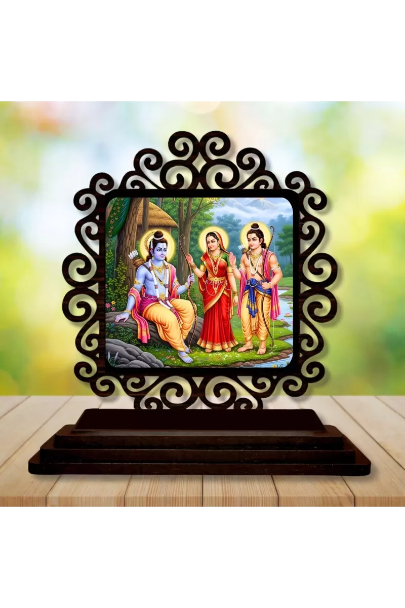 Car Desk/Table Top Lord Rama And Lakshmana And Seetha Wooden Photo Stand  3x4 Inches, Compact & Stylish Spiritual Display For Car, Home & Office (Pack Of 1) (F20030)
