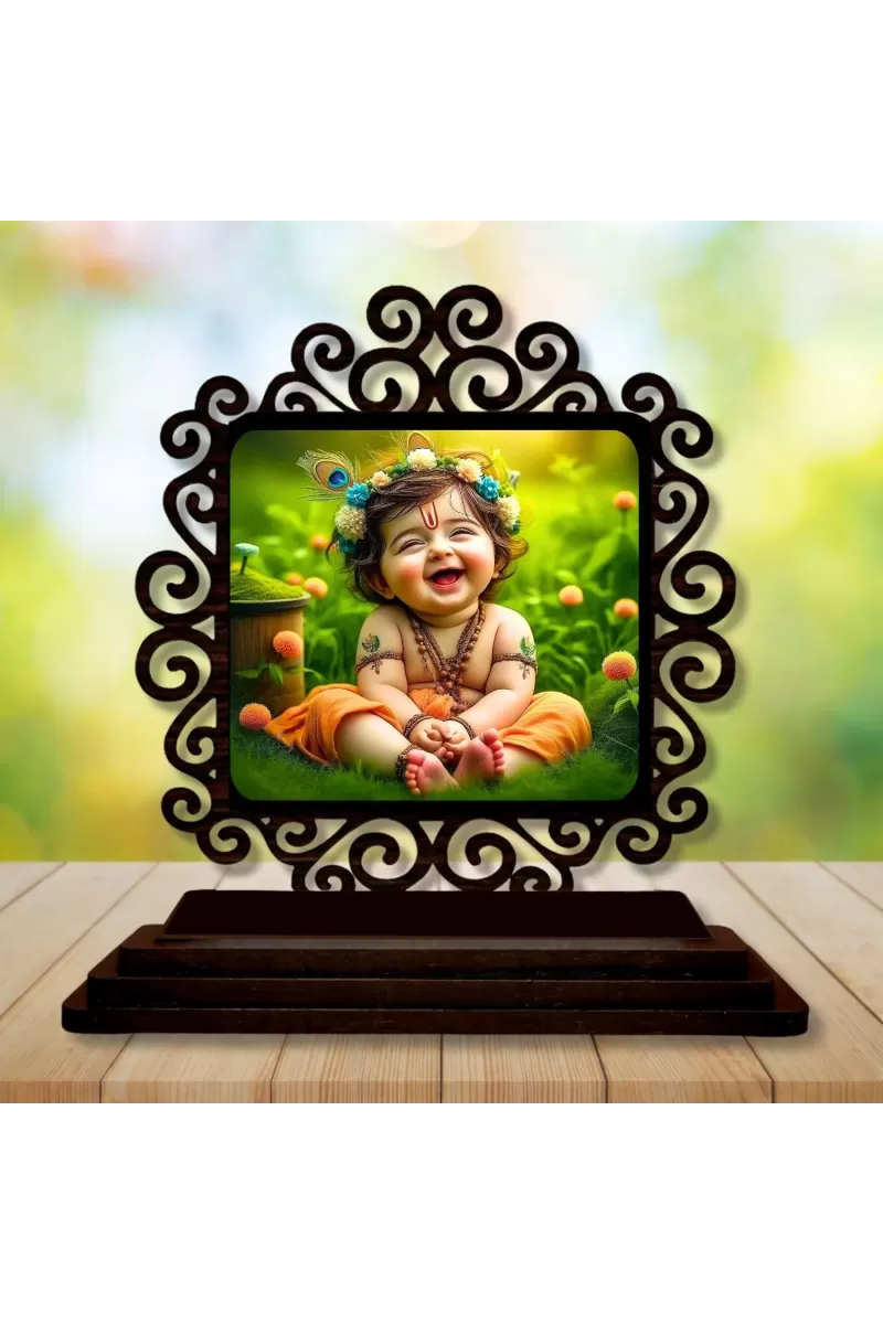 Car Desk/Table Top Little Krishna Wooden Photo Stand  3x4 Inches, Compact & Stylish Spiritual Display For Car, Home & Office (Pack Of 1) (F20031)
