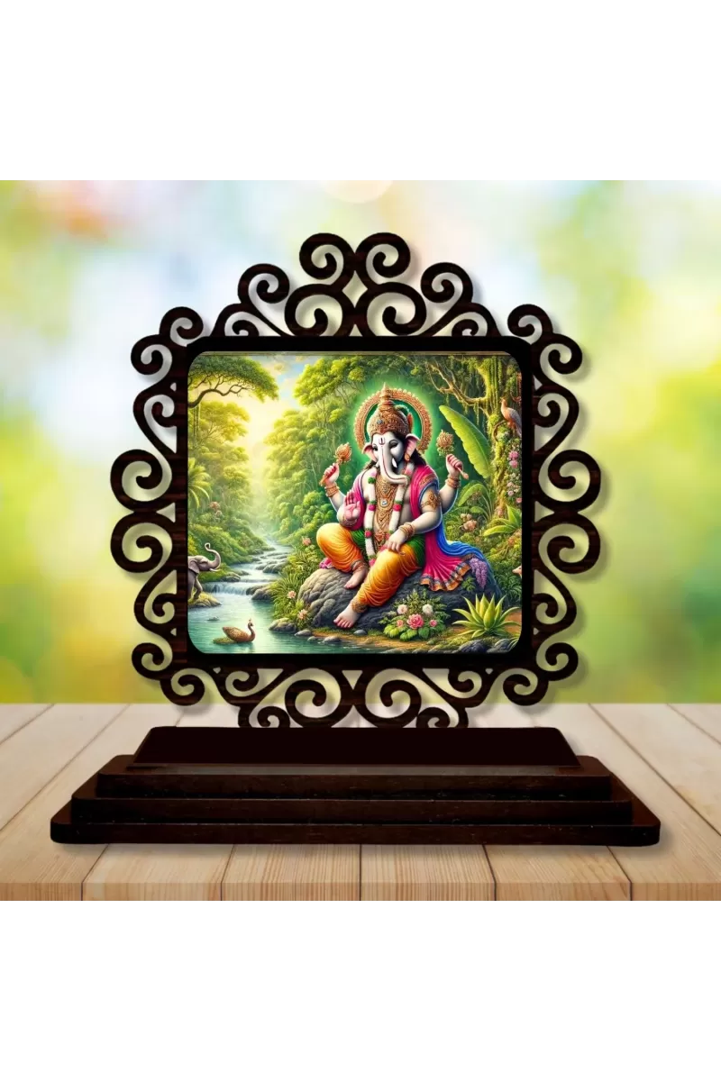 Car Desk/Table Top Lord Ganesha Wooden Photo Stand  3x4 Inches, Compact & Stylish Spiritual Display For Car, Home & Office (Pack Of 1) (F20033)