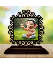 Car Desk/Table Top Lord Ganesha Wooden Photo Stand  3x4 Inches, Compact & Stylish Spiritual Display For Car, Home & Office (Pack Of 1) (F20034)