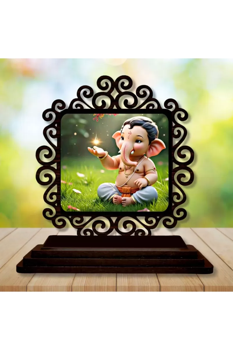 Car Desk/Table Top Lord Ganesha Wooden Photo Stand  3x4 Inches, Compact & Stylish Spiritual Display For Car, Home & Office (Pack Of 1) (F20034)