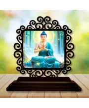 Car Desk/Table Top Lord Buddha Wooden Photo Stand  3x4 Inches, Compact & Stylish Spiritual Display For Car, Home & Office (Pack Of 1) (F20036)