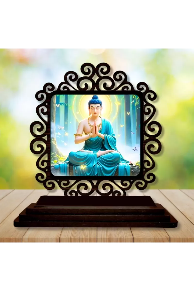Car Desk/Table Top Lord Buddha Wooden Photo Stand  3x4 Inches, Compact & Stylish Spiritual Display For Car, Home & Office (Pack Of 1) (F20036)