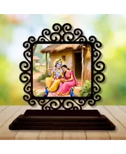 Car Desk/Table Top Radha Krishna Wooden Photo Stand  3x4 Inches, Compact & Stylish Spiritual Display For Car, Home & Office (Pack Of 1) (F20038)