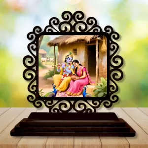 Car Desk/Table Top Radha Krishna Wooden Photo Stand  3x4 Inches, Compact & Stylish Spiritual Display For Car, Home & Office (Pack Of 1) (F20038)