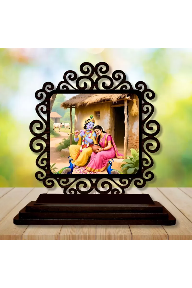 Car Desk/Table Top Radha Krishna Wooden Photo Stand  3x4 Inches, Compact & Stylish Spiritual Display For Car, Home & Office (Pack Of 1) (F20038)