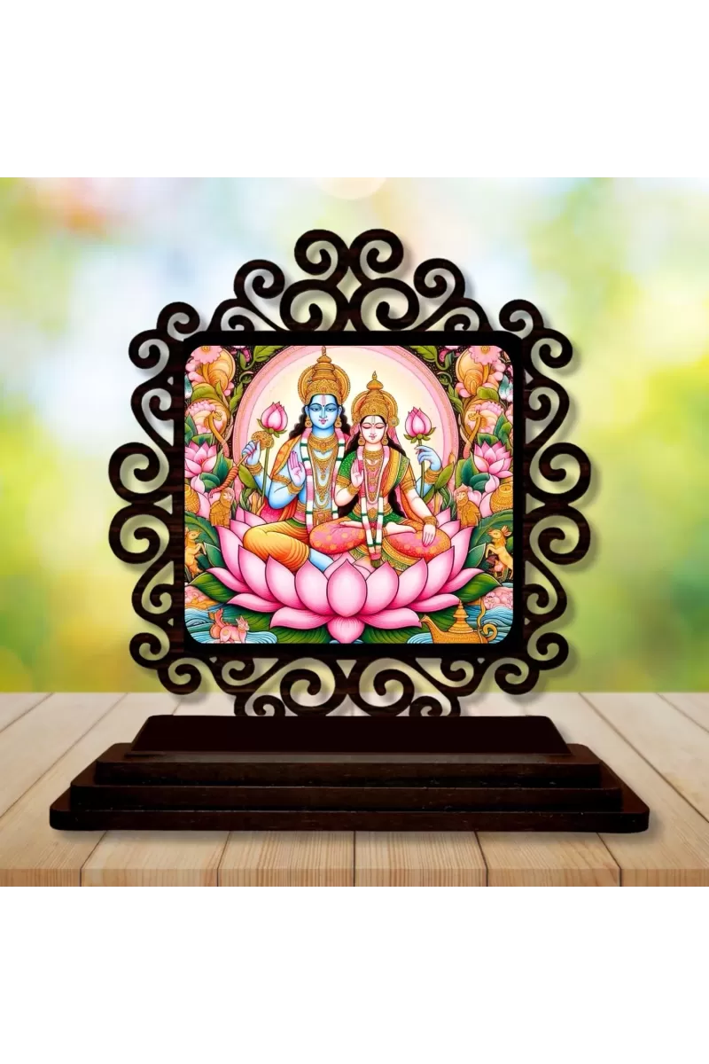 Car Desk/Table Top Lord Vishnu And Lakshmi Wooden Photo Stand  3x4 Inches, Compact & Stylish Spiritual Display For Car, Home & Office (Pack Of 1) (F20041)