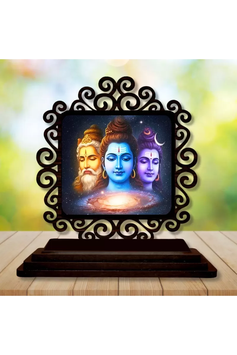Car Desk/Table Top Bramha And Vishnu And Shiva Wooden Photo Stand  3x4 Inches, Compact & Stylish Spiritual Display For Car, Home & Office (Pack Of 1) (F20042)