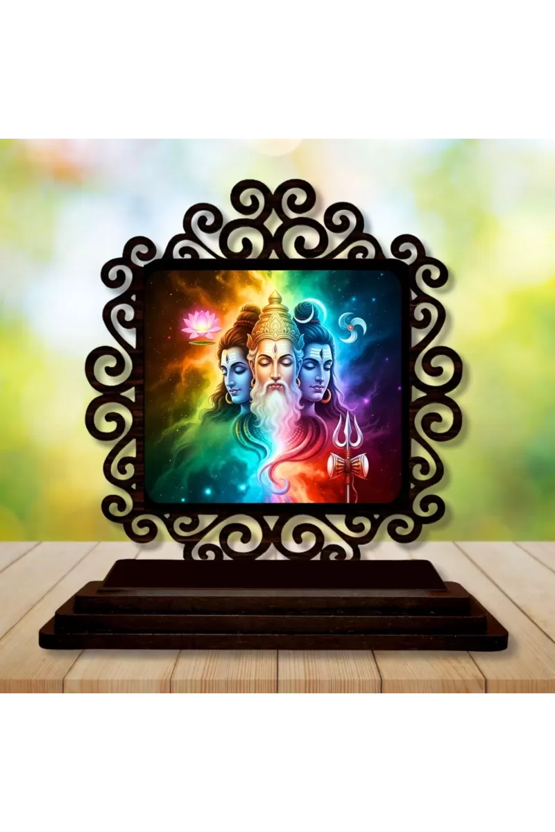 Car Desk/Table Top Bramha And Vishnu And Shiva Wooden Photo Stand  3x4 Inches, Compact & Stylish Spiritual Display For Car, Home & Office (Pack Of 1) (F20043)