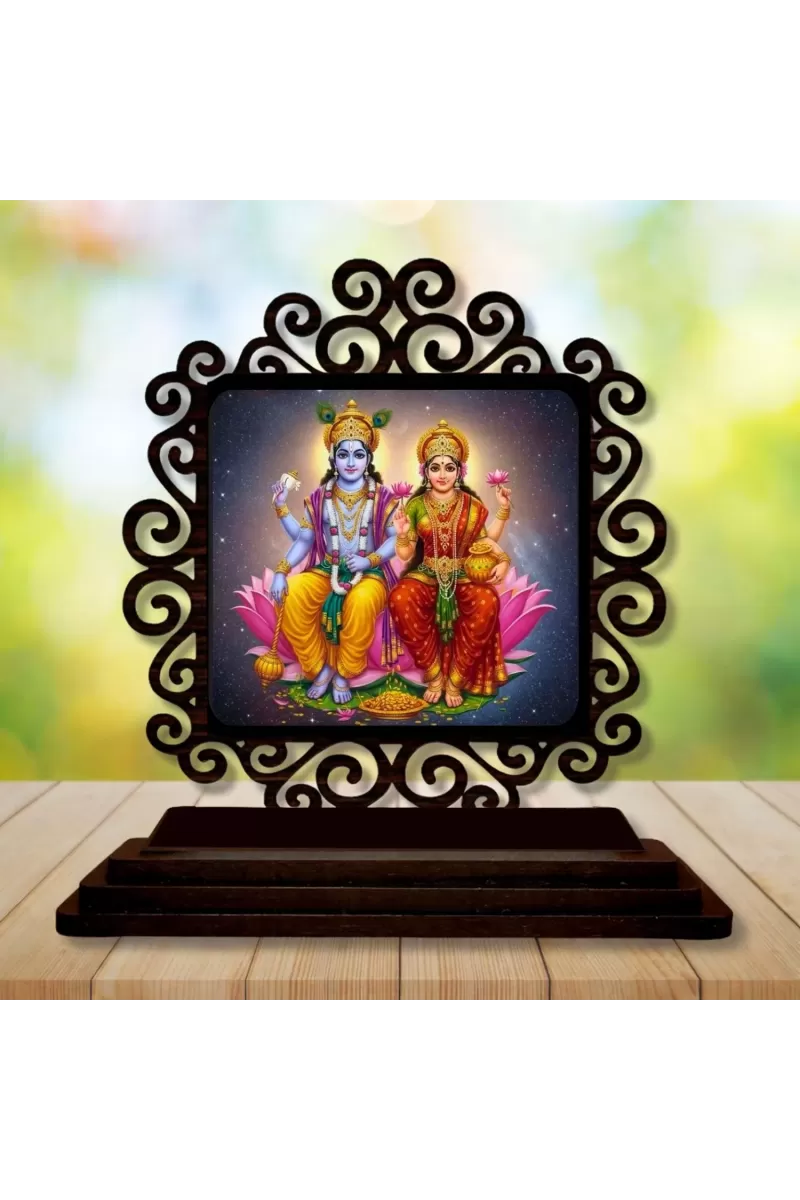 Car Desk/Table Top Lord Vishnu And Lakshmi Wooden Photo Stand  3x4 Inches, Compact & Stylish Spiritual Display For Car, Home & Office (Pack Of 1) (F20044)